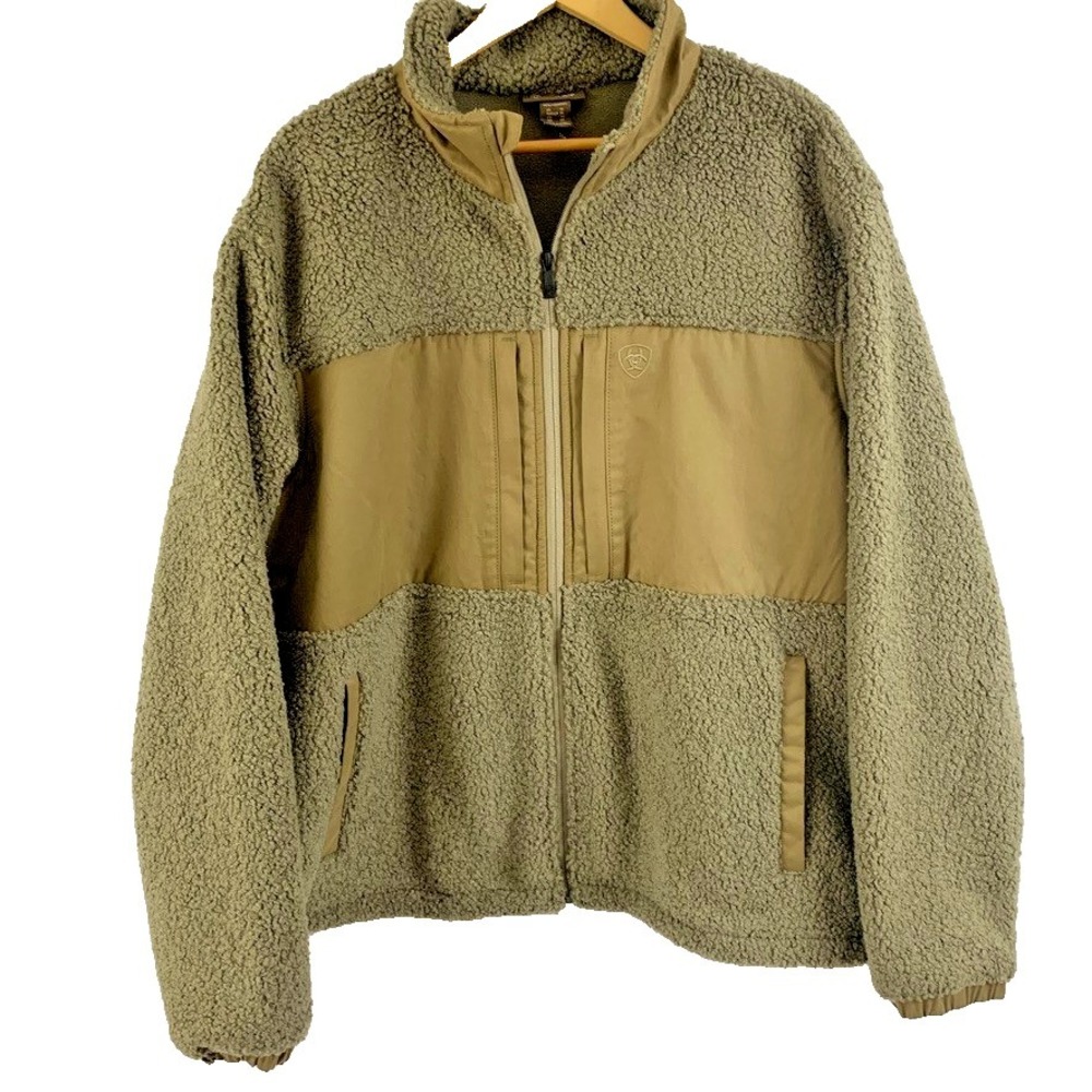 Ariat Sherpa Fleece Jacket Mens XL Tan Full Zip Western Ranch Outdoor